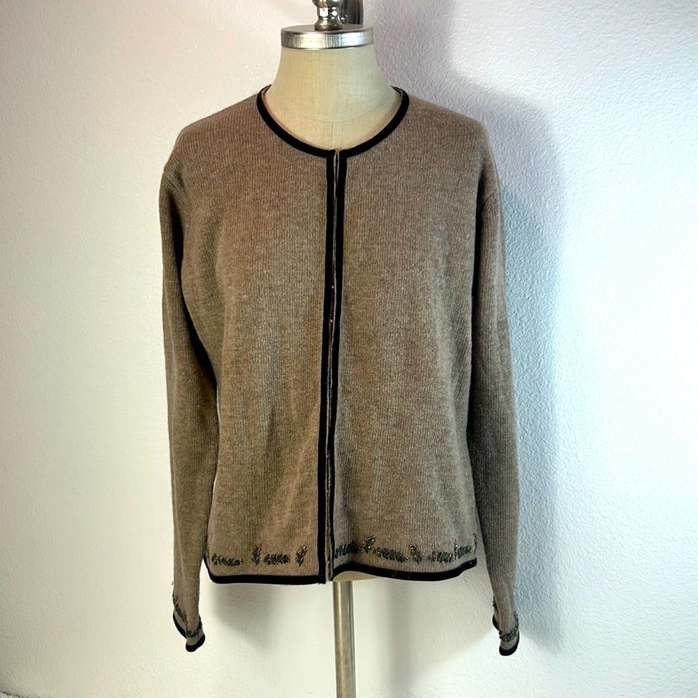 J Jill Cardigan Sweater 100%  Lambswool Zip Front Crew Neck Knitted Brown M NWT